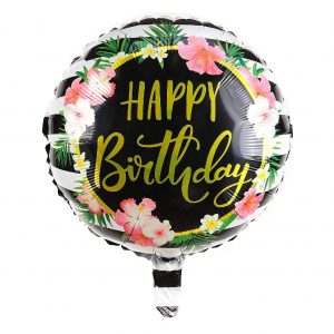 Black Floral Happy Birthday Round Foil Balloons