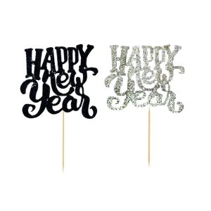 Black & Silver Happy New Year Cupcake Toppers