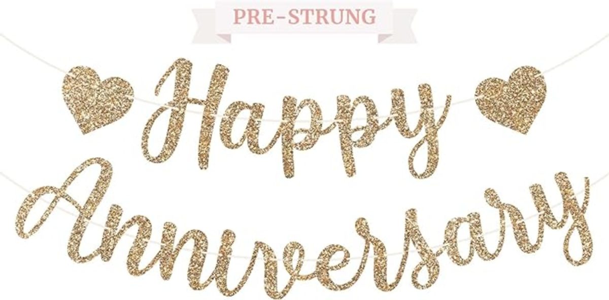 Pre-Strung "Happy Anniversary" Gold Glitter Banner - Perfect for Anniversary Celebrations