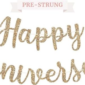 Pre-Strung "Happy Anniversary" Gold Glitter Banner - Perfect for Anniversary Celebrations