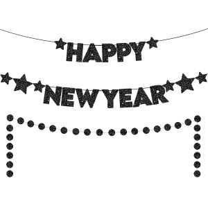 Black Glitter Happy New Year Banner with Circle Garland- 10 Feet