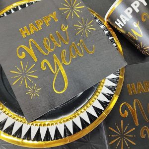 Set of 16 Pcs Black & Gold Happy New Year Napkins