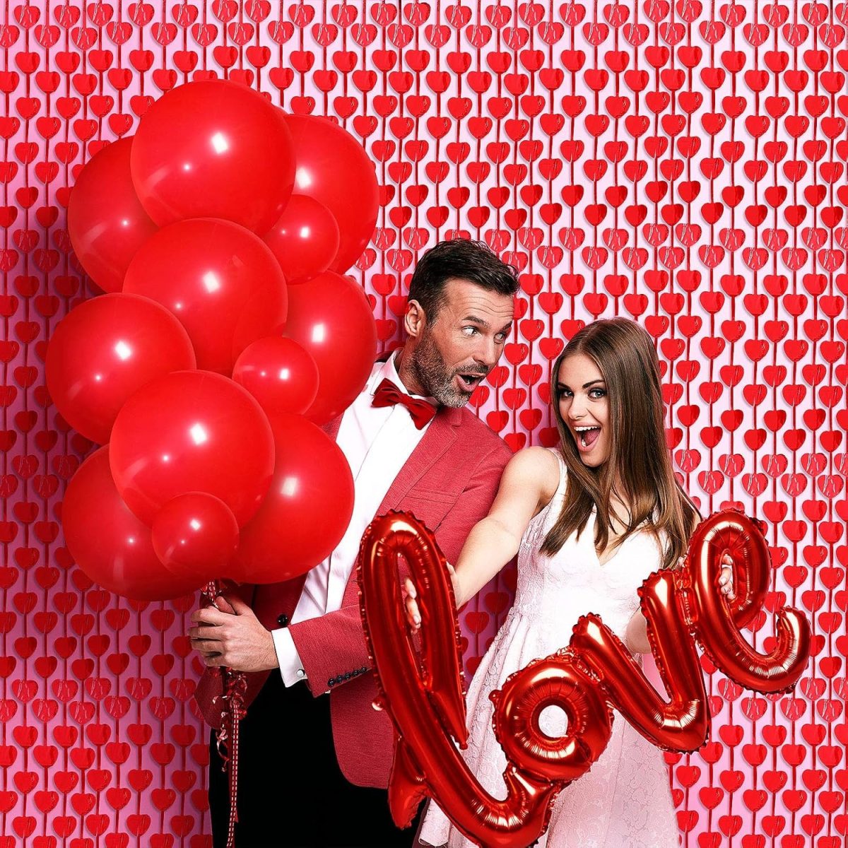 Red Heart Shape Metallic Foil Fringe Curtains