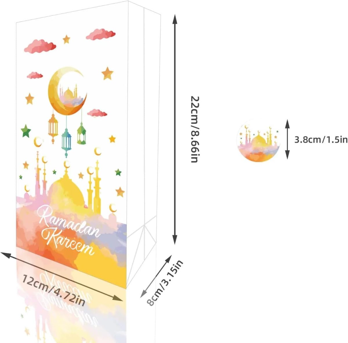 Multicolor Pack of 12 Ramadan Kareem Gift Bags with Stickers