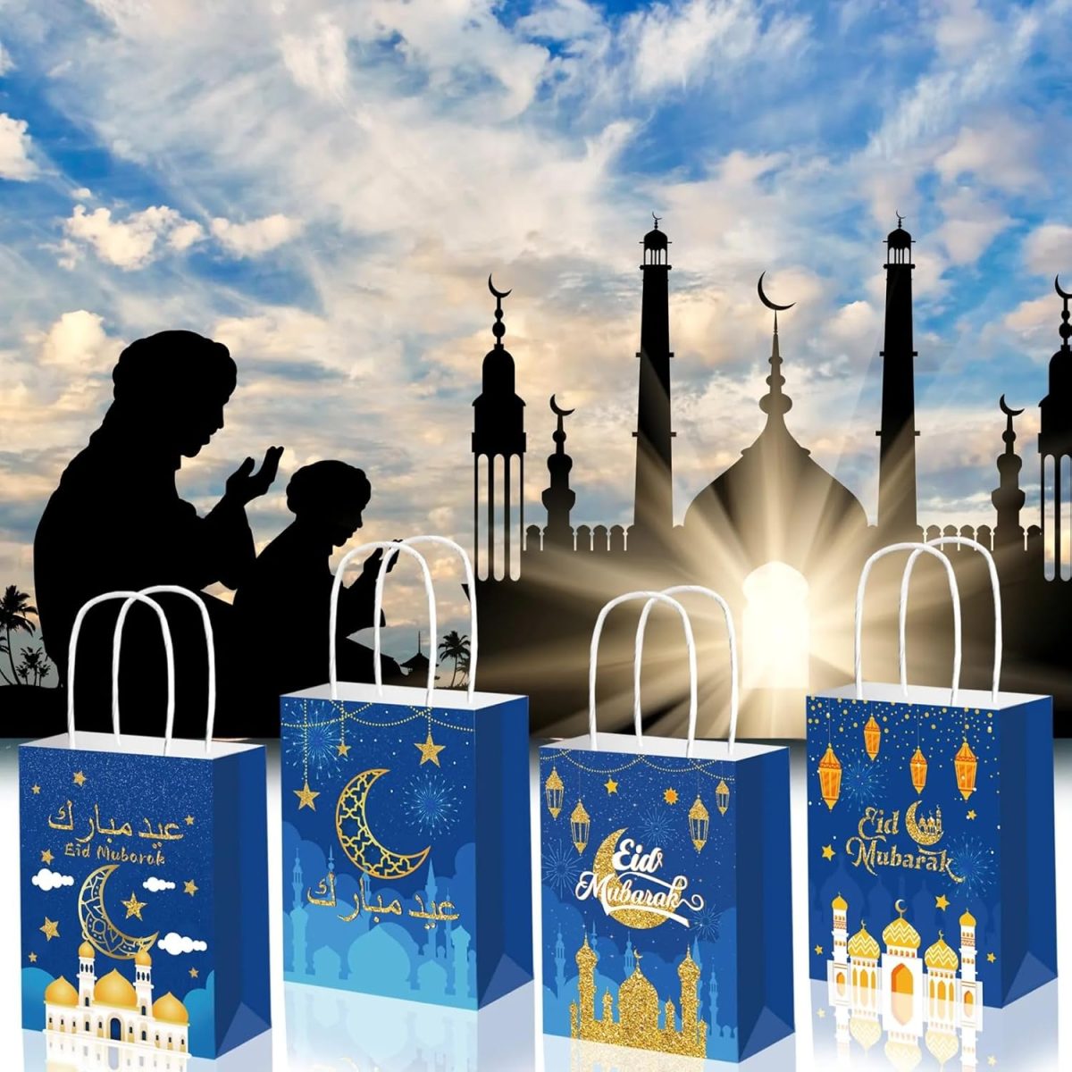 Blue Gold Pack of 4 Eid Mubarak Gift Bags