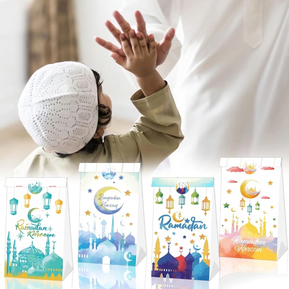 Multicolor Pack of 12 Ramadan Kareem Gift Bags with Stickers