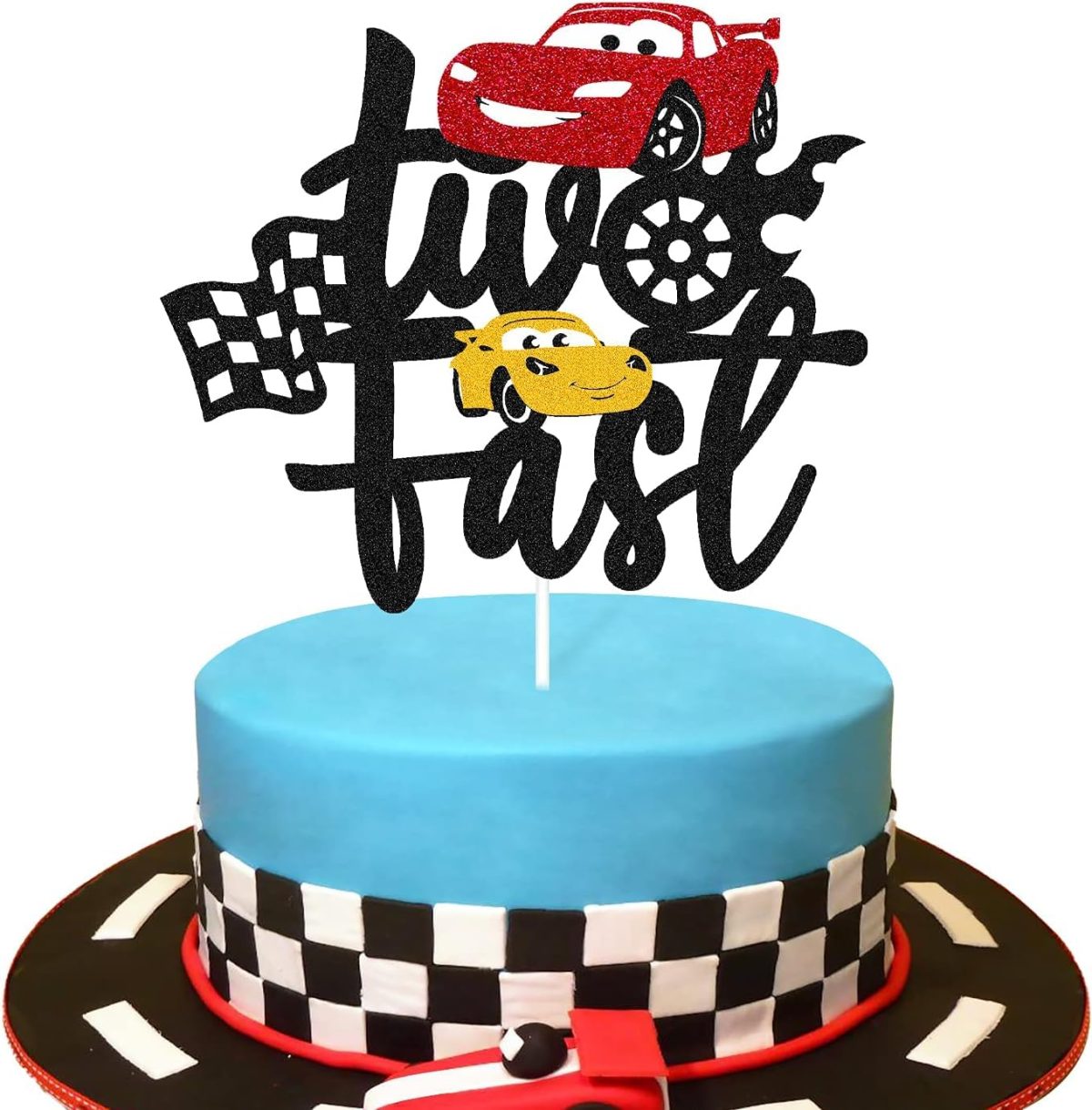 Let's Race to Victory Two Fast Car Race Theme Cake Topper