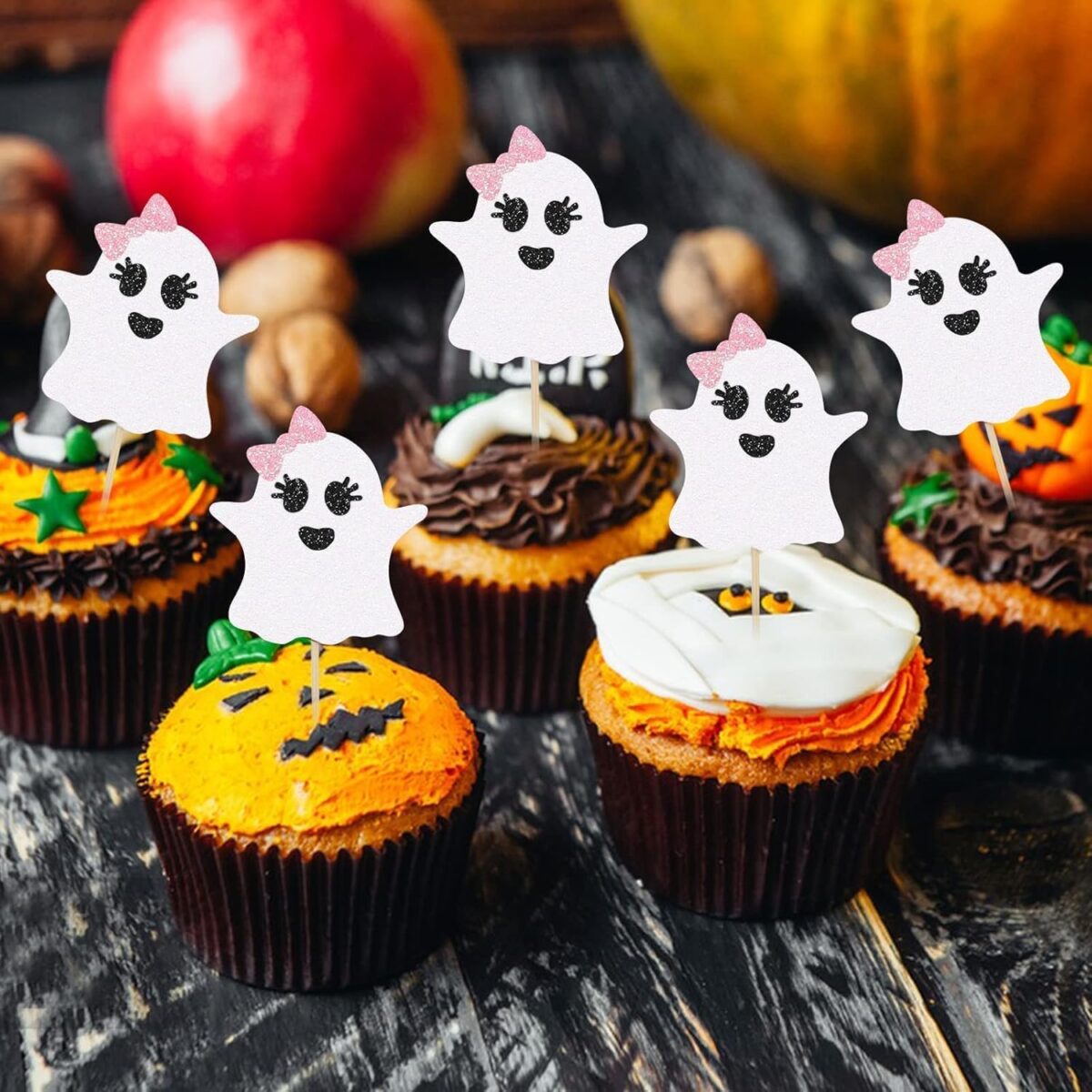 Pink & White Ghost Halloween Cupcake Toppers – Pack of 10