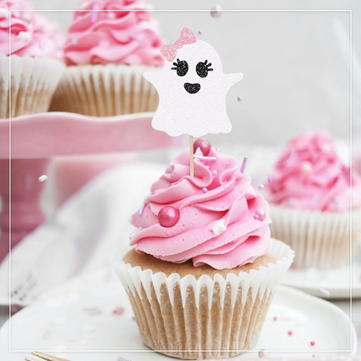 Pink & White Ghost Halloween Cupcake Toppers – Pack of 10