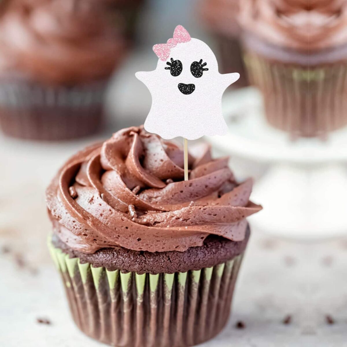 Pink & White Ghost Halloween Cupcake Toppers – Pack of 10