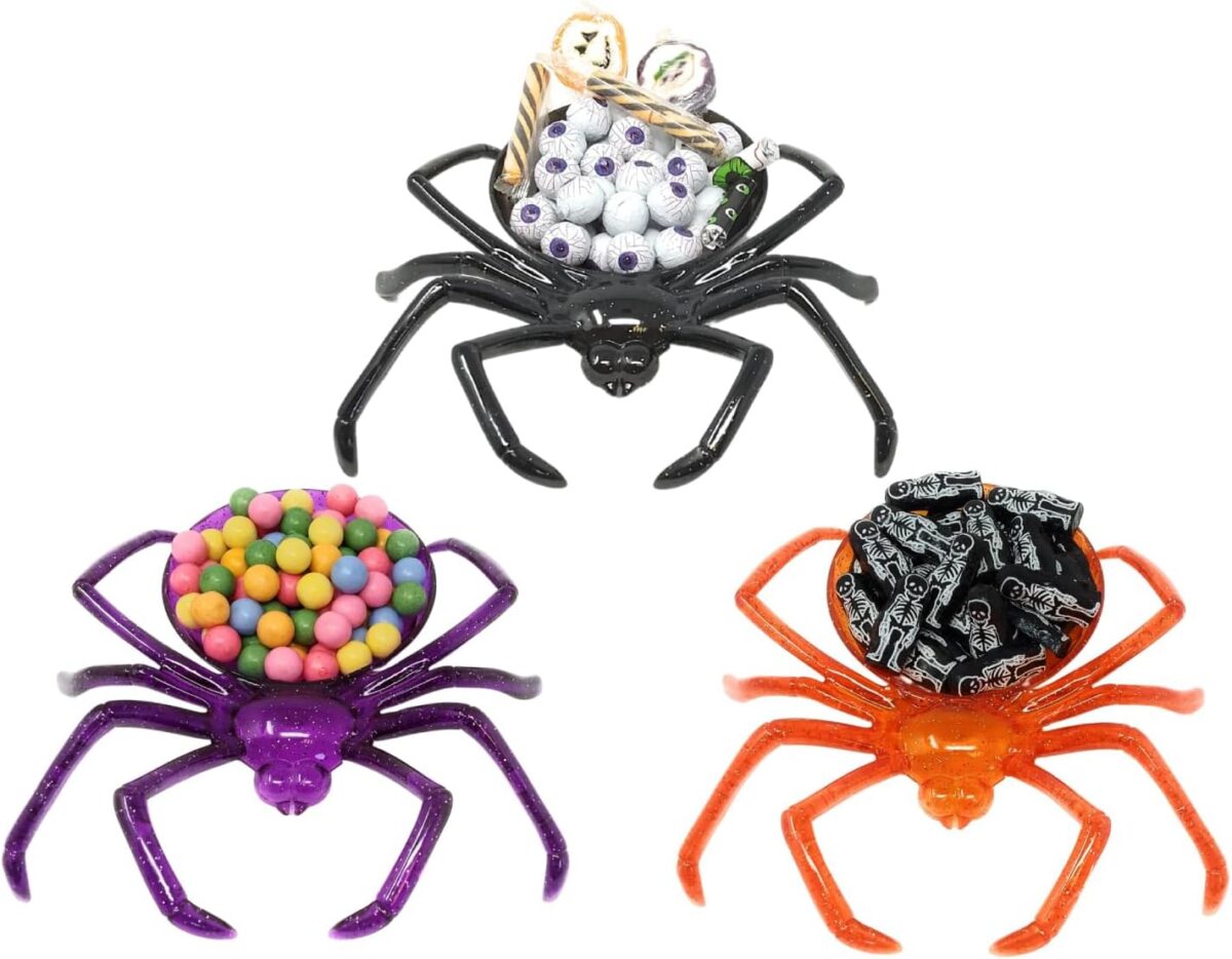 Halloween Plastic Spider Candy Bowl Set of 3 – Orange, Purple & Black